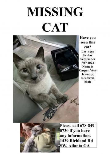 Lost Male Cat last seen Near Richland Road SW, Atlanta, Atlanta, GA 30310