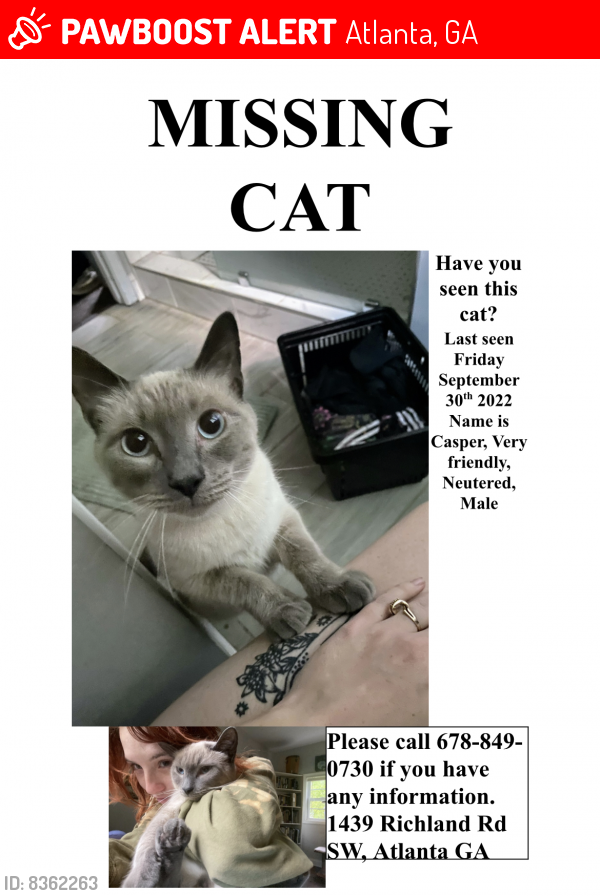 Lost Male Cat last seen Near Richland Road SW, Atlanta, Atlanta, GA 30310