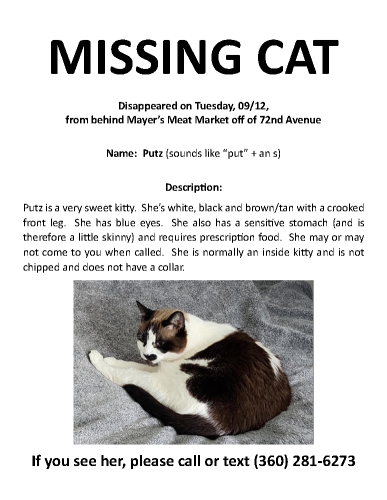 Lost Female Cat last seen Off of 72nd Avenue, behind Mayer's Meat Market, Vancouver, WA 98662