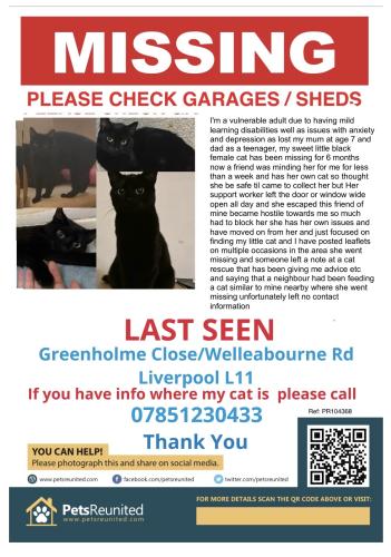 Lost Female Cat last seen Greenholme Close/Wellesbourne Rd Liverpool L11, Merseyside, England L11 3EL