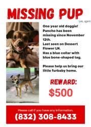 Lost Male Dog last seen Smiling Wood Ln, Houston, TX 77086