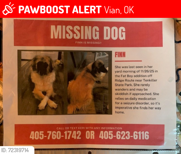 Lost Female Dog last seen Ridge Rd area, Tener State Park, Vian, OK 74962