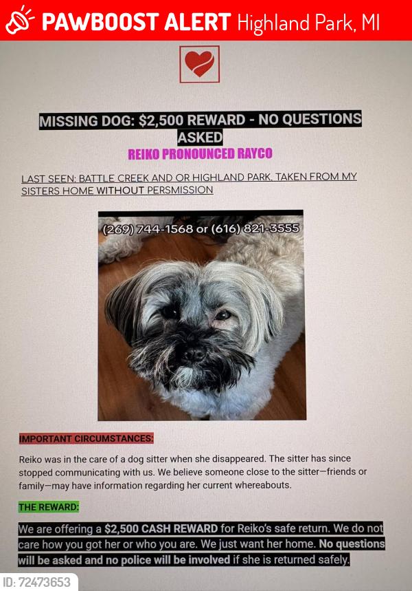 Lost Female Dog last seen Monterey Street, between 2nd and 3rd Avenues., Highland Park, MI 48203
