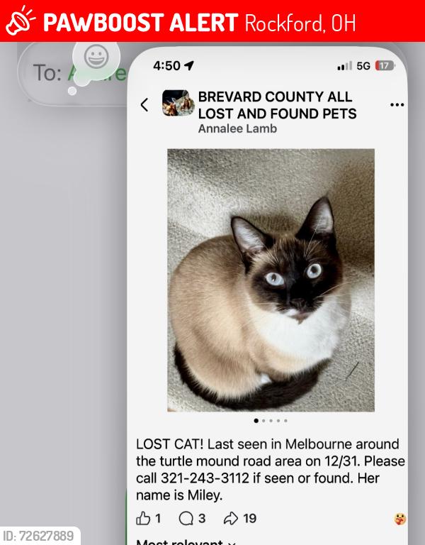 Lost Female Cat last seen Turtlemound snd Parkway, Rockford, OH 45882