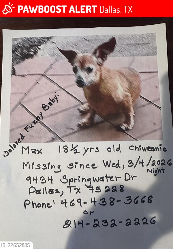 Lost Male Dog last seen Buckner and Mercer, Dallas, TX 75228