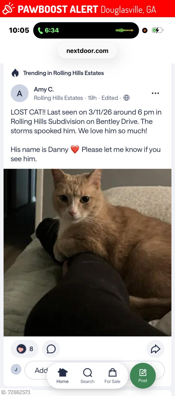 Lost Male Cat last seen Pope road , Douglasville, GA 30135