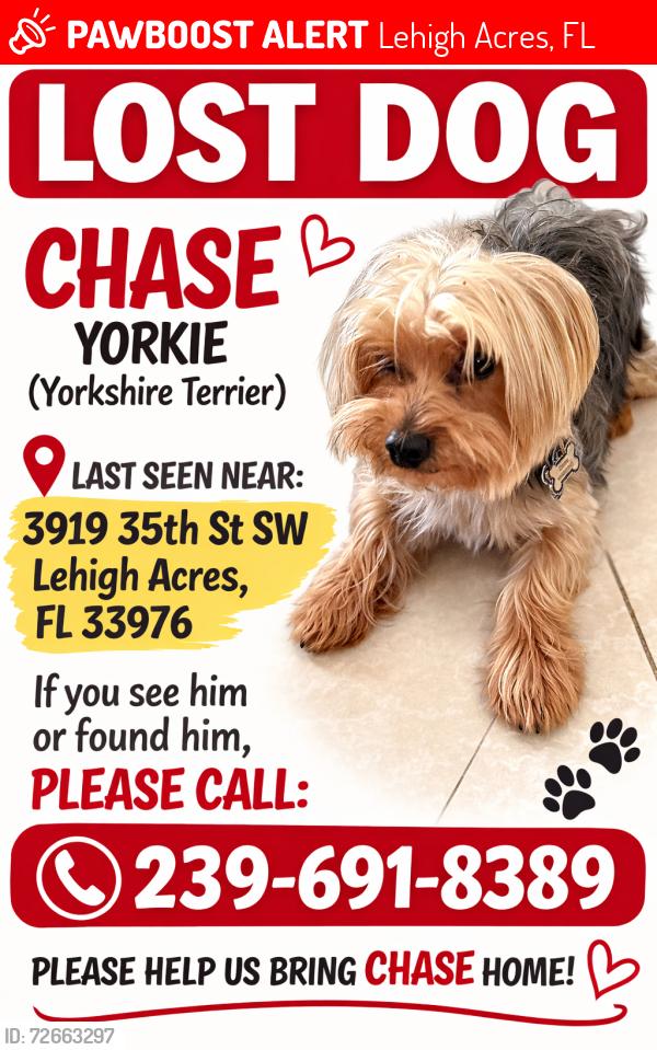 Lost Male Dog last seen Chase, Lehigh Acres, FL 33976