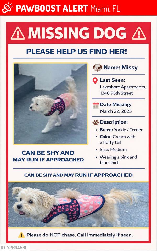 Lost Female Dog last seen 17th Ave , Miami, FL 33147