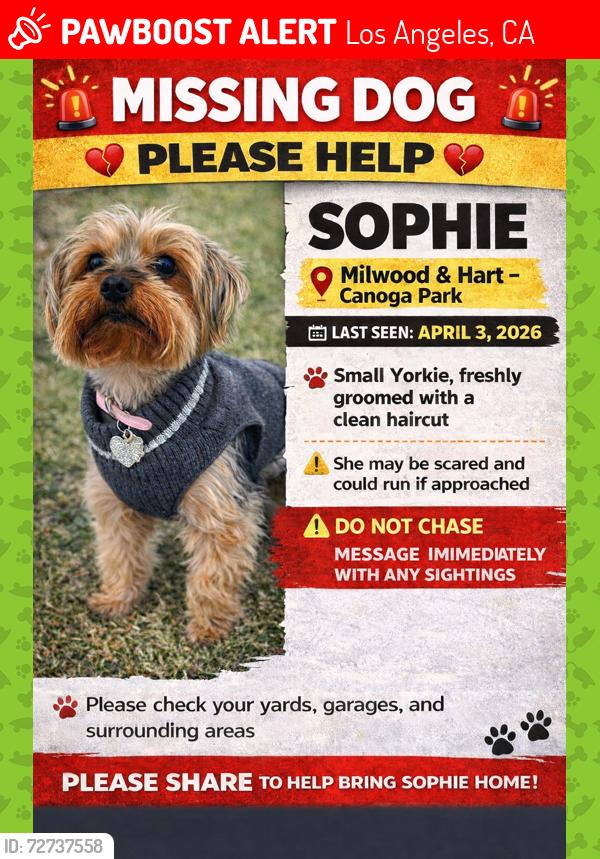 Lost Female Dog last seen Milwood and hart, Los Angeles, CA 91303
