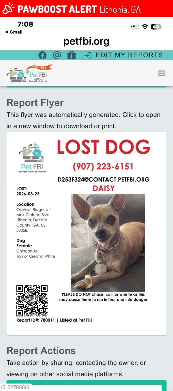 Lost Female Dog last seen Max Cleveland BLVD AND OAKLEAF RISGE, Lithonia, GA 30058