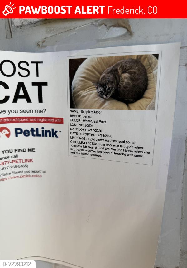 Lost Female Cat last seen Flyer spotted in No Name Creek. Not my cat, just would like to see her found. , Frederick, CO 80530