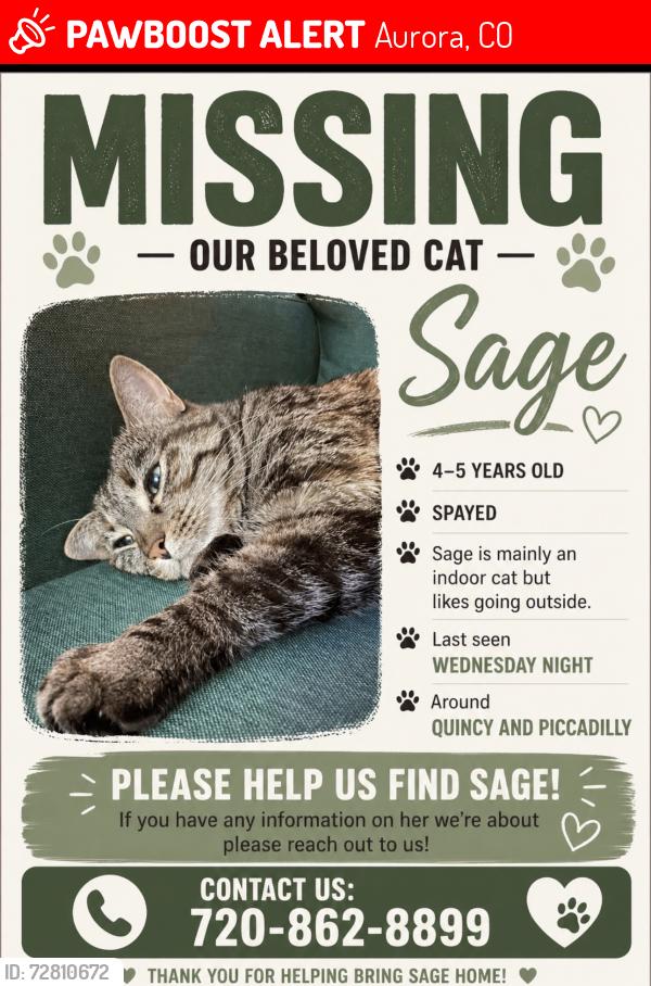 Lost Female Cat last seen Near E Quincy Ave Aurora CO, Aurora, CO 80015