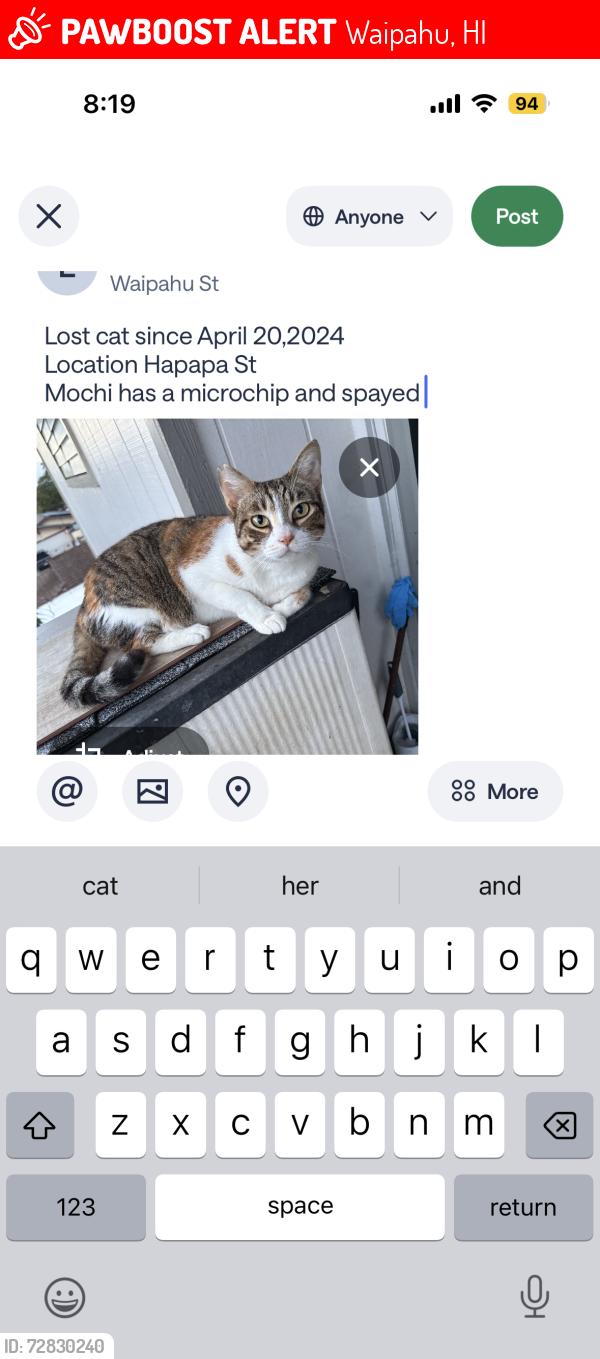 Lost Female Cat last seen POSSIBLY SPOTTED NEAR AUGUST AHRENS ELEMENTARY , Waipahu, HI 96797