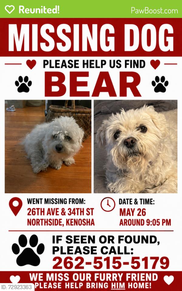 Reunited Male Dog last seen 34th St. and 26th Ave, Kenosha, WI 53140