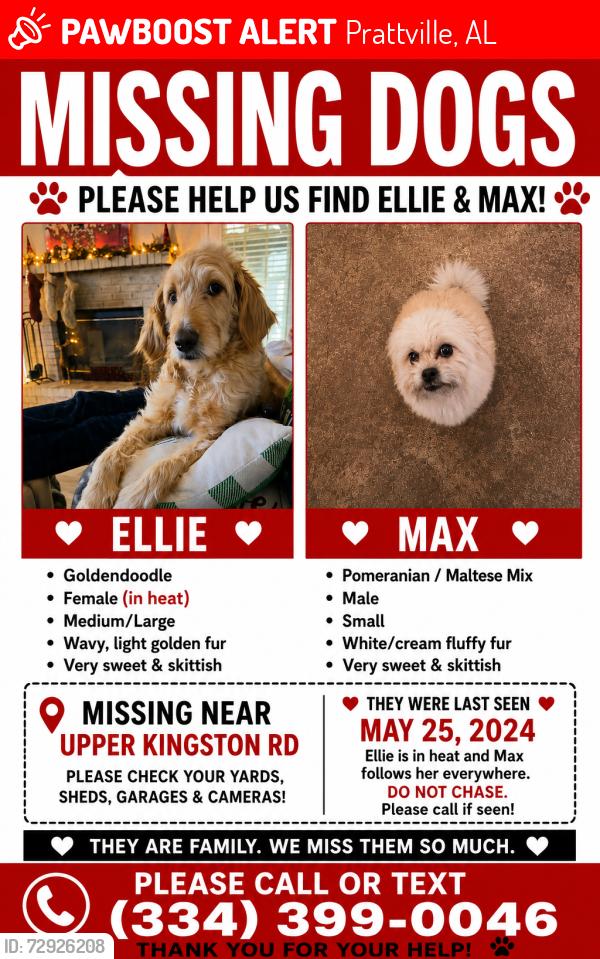Lost Female Dog last seen Upper Kingston rd , Prattville, AL 36067