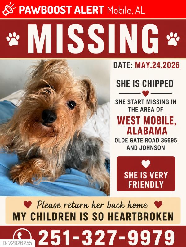 Lost Female Dog last seen Olde Gate Road , Mobile, AL 36695