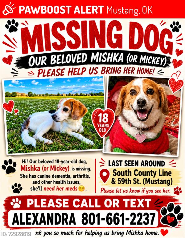 Lost Female Dog last seen 59th St County line, Mustang, OK 73064
