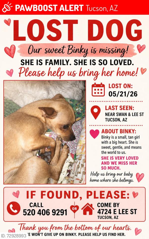 Lost Female Dog last seen Swan & Lee St., Tucson, AZ 85712