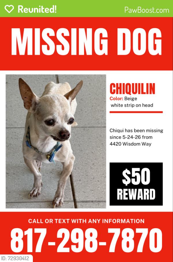 Reunited Male Dog last seen Near Wisdom Way , Haltom City, TX 76117