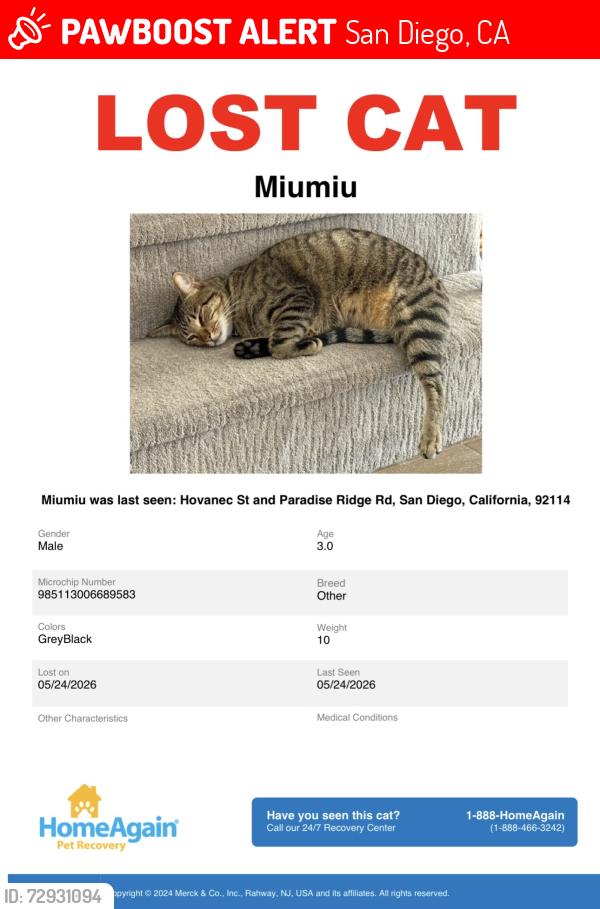 Lost Male Cat last seen Hovanec St and Crabtree, San Diego, CA 92114