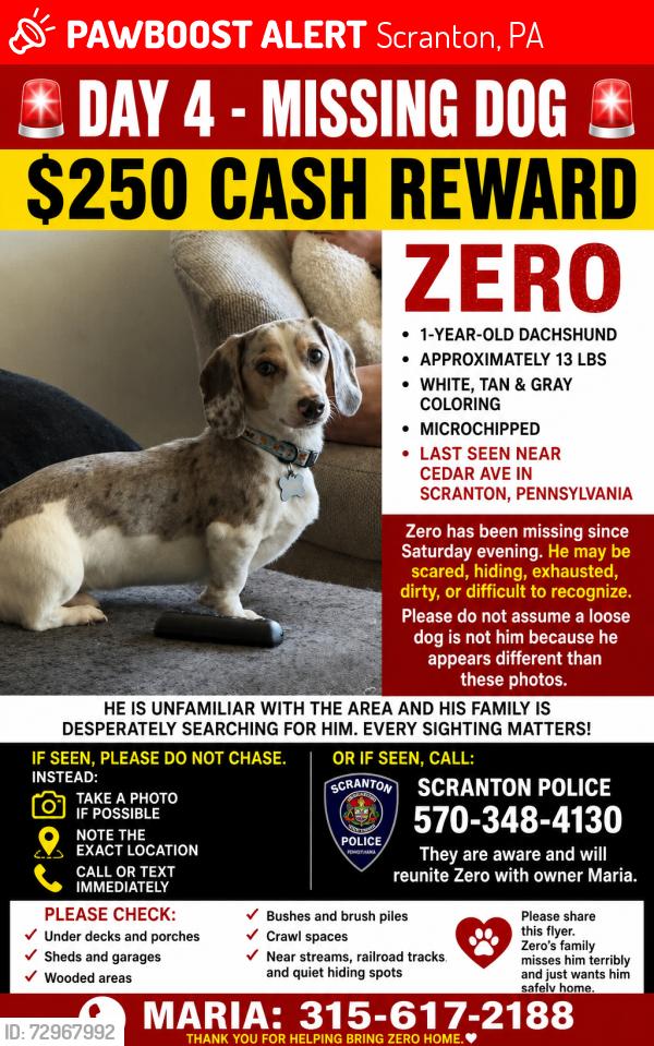 Lost Male Dog last seen Cedar Ave and Orchard Street, Scranton, PA 18505