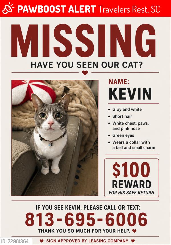 Lost Male Cat last seen Travelers Rest, Travelers Rest, SC 29690