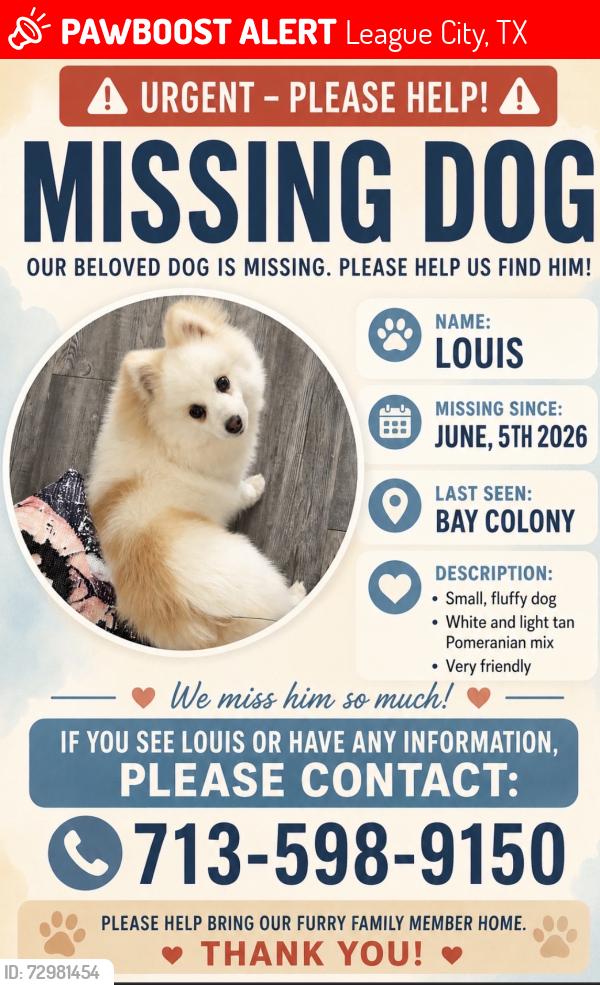 Lost Male Dog last seen Calder Dr, League City, TX 77539