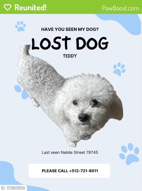 Reunited Male Dog last seen Near Nalide street, Austin, TX 78745