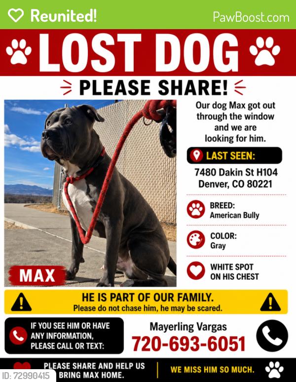 Reunited Male Dog last seen Near dakin st , Denver, CO 80221