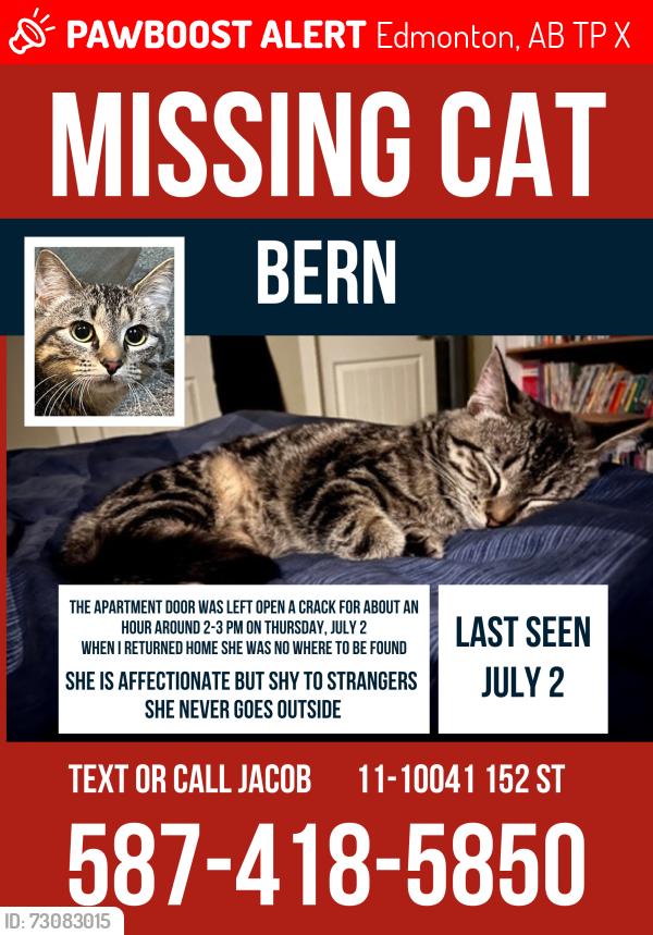 Lost Female Cat last seen Near 152 Street NW, Edmonton, AB T5P 1X8