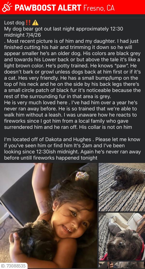 Lost Male Dog last seen Near w Dakota Ave , apt 150, Fresno, CA 93705