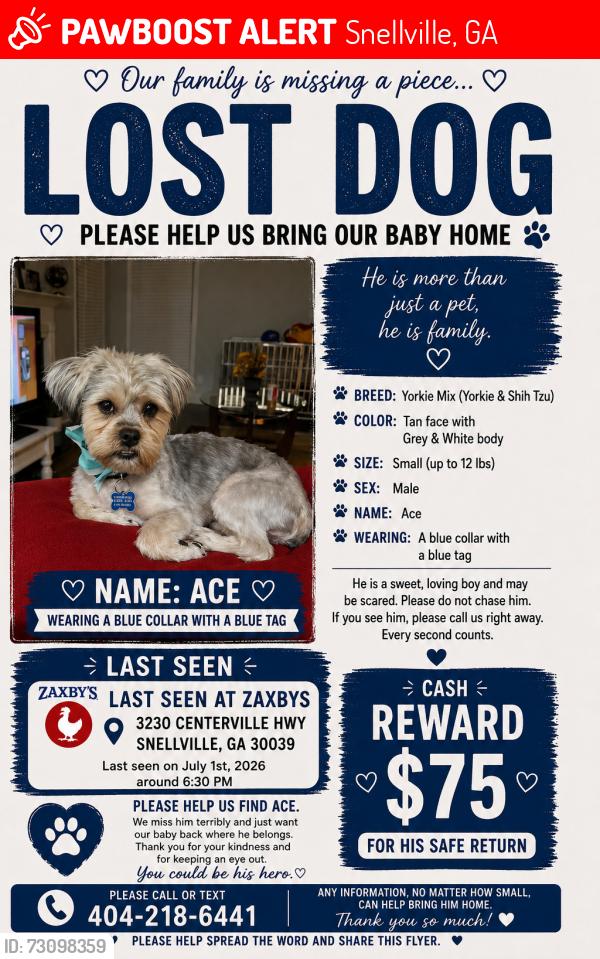 Lost Male Dog last seen Zaxby’s restaurant is where he was last seen, Snellville, GA 30039