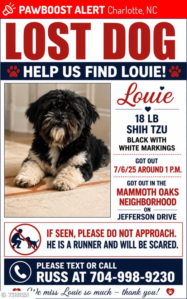 Lost Male Dog last seen Jefferson Drive in Mammoth Oaks neighborhood, Charlotte, NC 28270