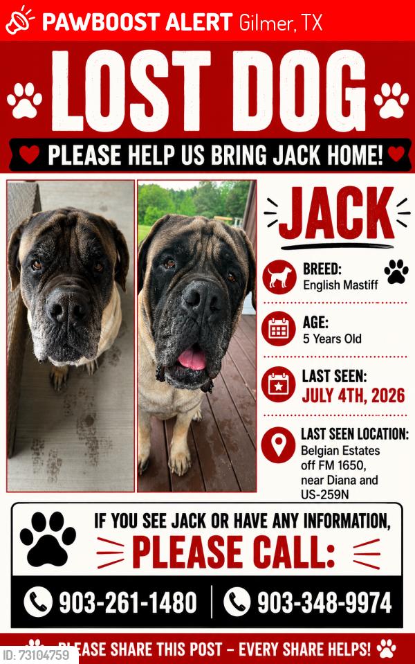 Lost Male Dog last seen Fm 1650, Gilmer, TX 75645