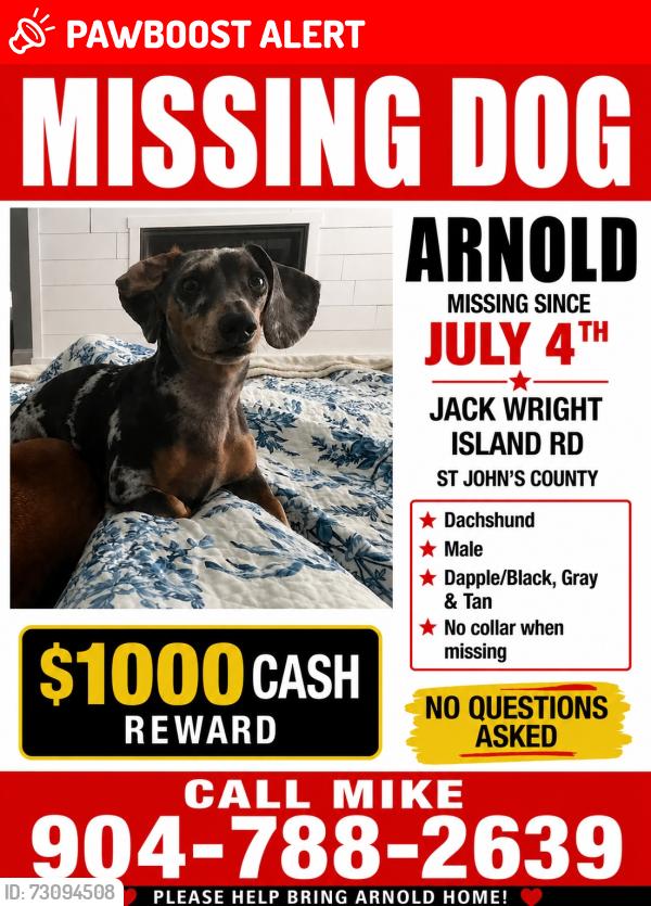 Lost Male Dog last seen Jack Wright Island & SR 13, St. Johns County, FL 32092