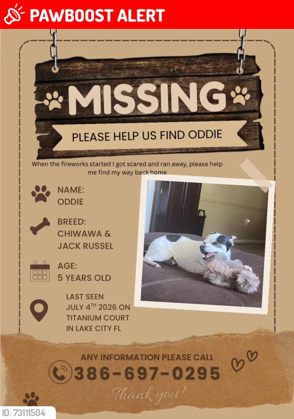 Lost Male Dog last seen Titanium and Legion, Columbia County, FL 32024