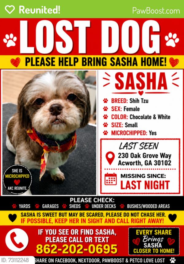 Reunited Female Dog last seen Near oak grove, Acworth, GA 30102