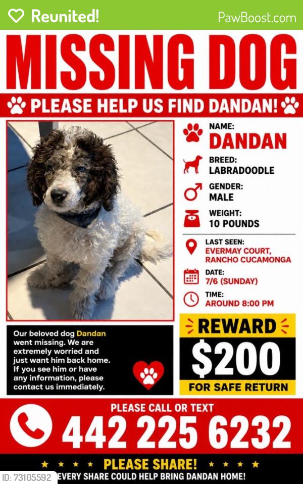 Reunited Male Dog last seen Evermay court, Rancho Cucamonga, CA 91739