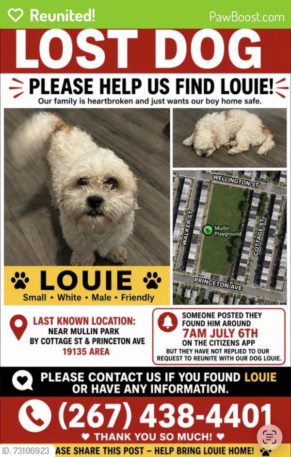 Reunited Male Dog last seen Near Mullin playground , Philadelphia, PA 19135