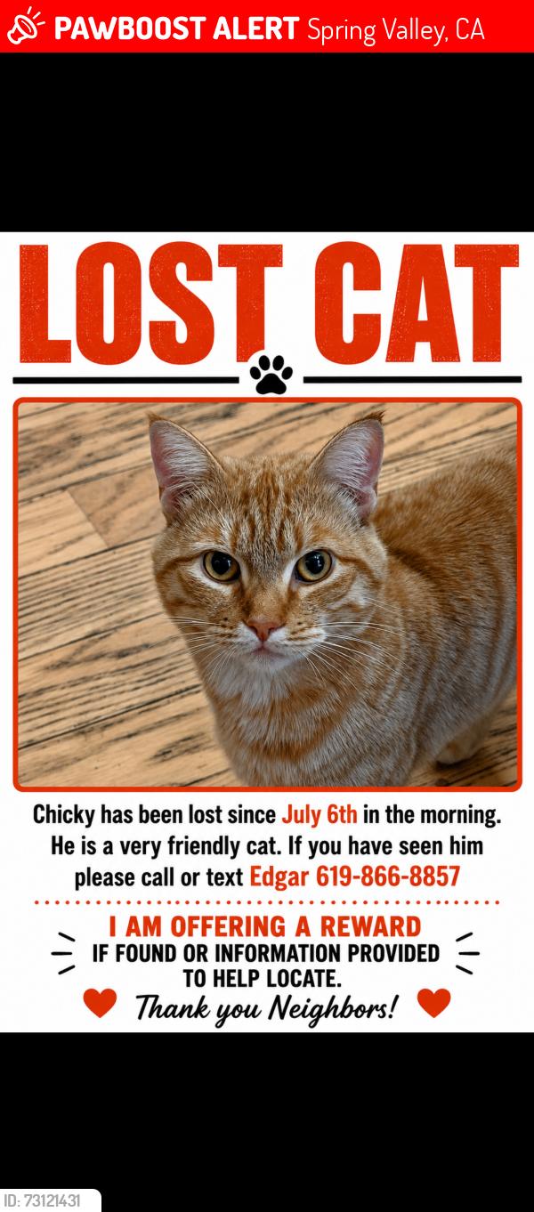 Lost Male Cat last seen Kenwood dr, Spring Valley, CA 91977