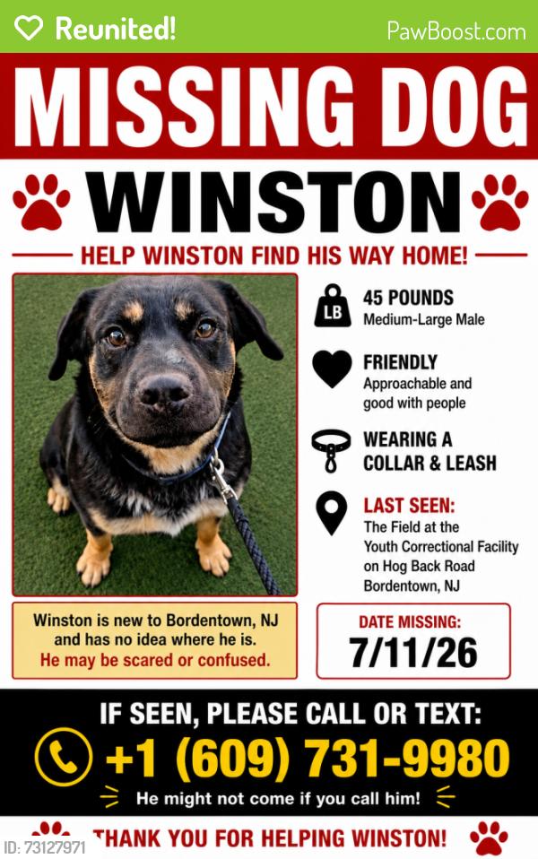 Reunited Male Dog last seen Hogback Rd, Burlington County, NJ 08620