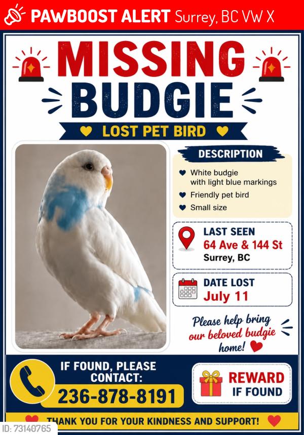 Lost Unknown Bird last seen Near and 144 surrey, Surrey, BC V3W 0X5