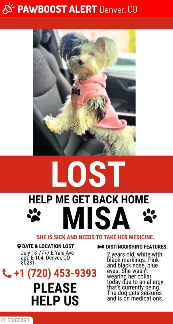 Lost Female Dog last seen Near Yale e avenue, Denver, CO 80210