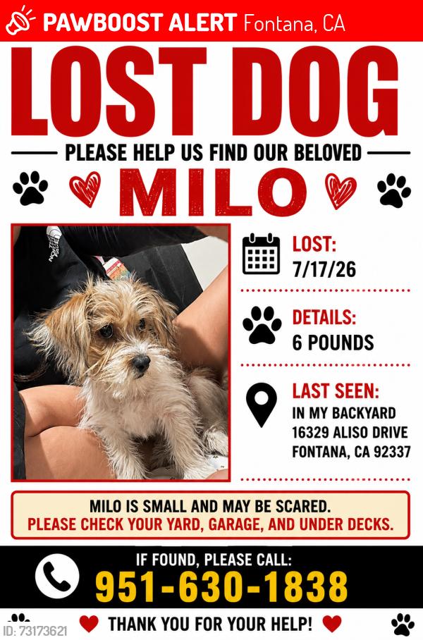 Lost Male Dog last seen Oleander and Aliso, Fontana, CA 92337