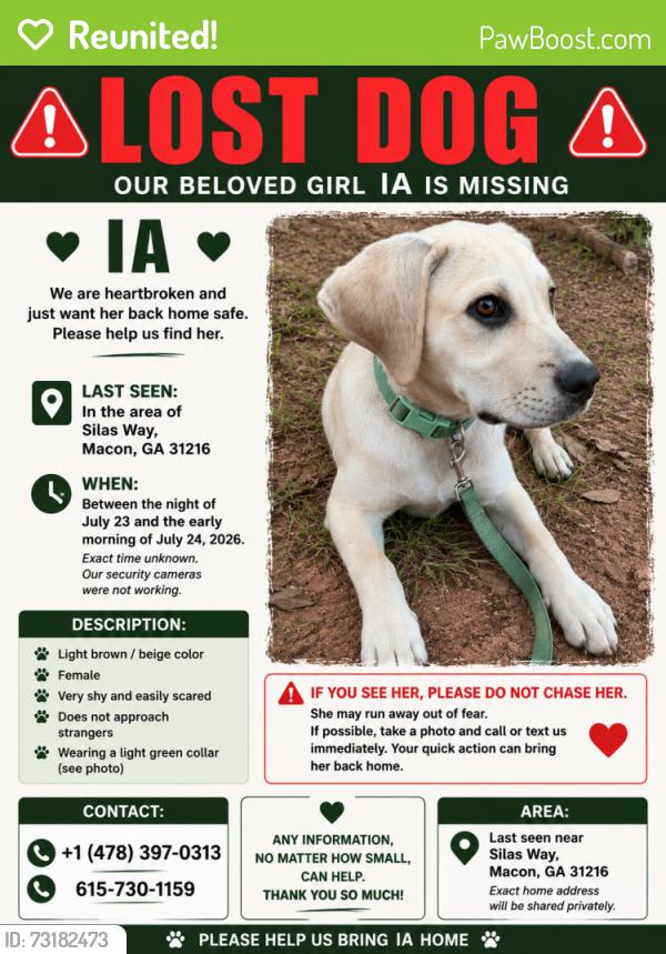 Reunited Female Dog last seen Silas way, Bibb County, GA 31216