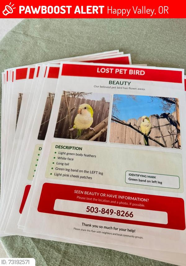 Lost Male Bird last seen Near SE Lenore St, Happy Valley, OR 97086