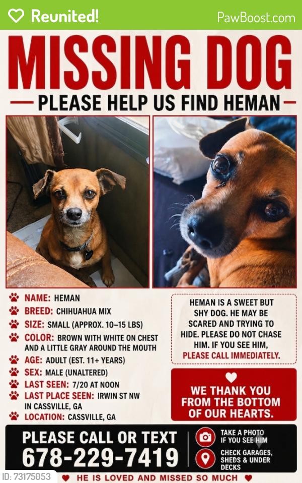 Reunited Male Dog last seen Cassville Rd / Hamilton Crossing dog park area, Cartersville, GA 30120