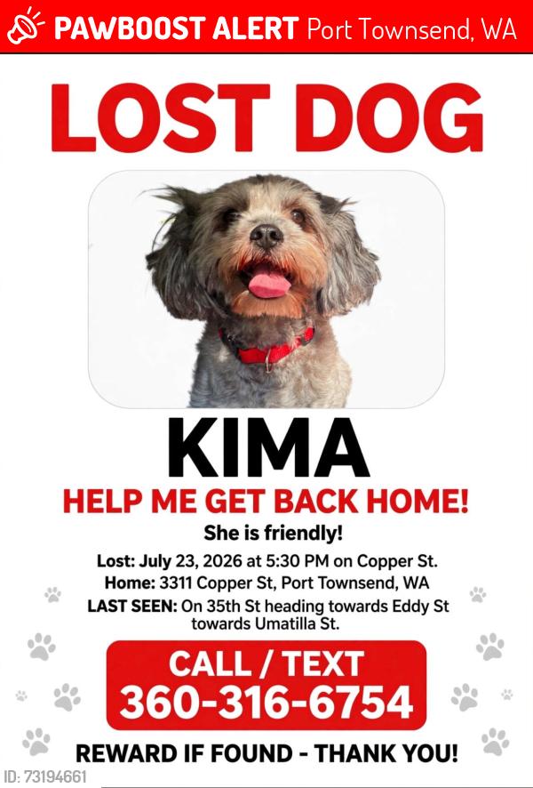 Lost Female Dog last seen 35th heading towards eddy st, Port Townsend, WA 98368