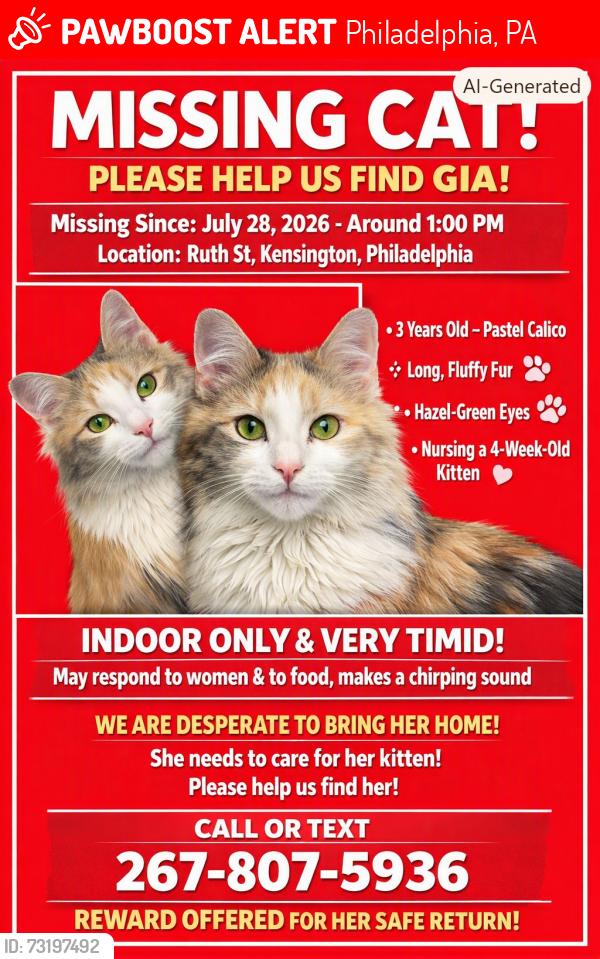 Lost Female Cat last seen Kensington ave, Philadelphia, PA 19134