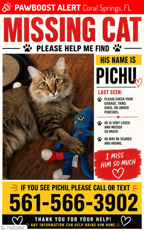 Lost Male Cat last seen Near coral lake way, Coral Springs, FL 33065